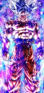 Anime character in vibrant blue aura with dynamic energy and shards.