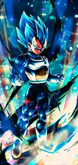 Vibrant anime character with blue aura and dynamic energy background.