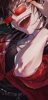 An anime character with red attire and sunglasses, in a dynamic pose.