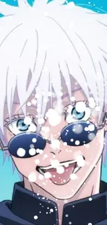 Anime character with white hair, blue eyes, and sunglasses.