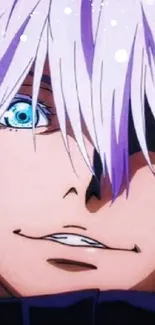 Anime character with purple hair and striking blue eye