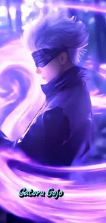 Anime character with a purple aura on a vibrant mobile wallpaper.