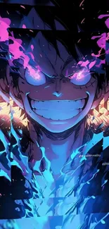 Anime character with glowing eyes and vibrant colors.