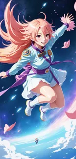 Anime character soaring above cosmic backdrop with vibrant colors.