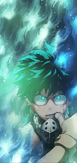 Anime character engulfed in teal flames with intense gaze.