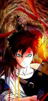 Anime character with red background and mystical creature.