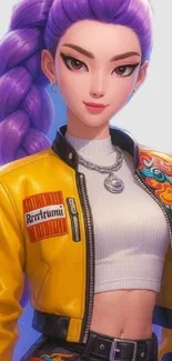 Anime character with purple hair in vibrant design.