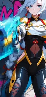 Anime character with blue energy in vibrant colors