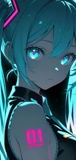 Anime character with cyan highlights in vibrant digital art.