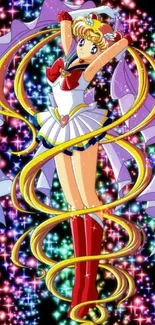 Anime magical girl with sparkling stars on colorful background.