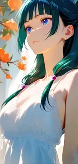 Anime character with blue hair and orange flowers.