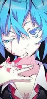 Vibrant anime character with blue hair and dynamic colors.