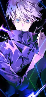 Anime character in vibrant purple with neon lightning effects on mobile wallpaper.