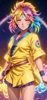 Anime character with rainbow hair and yellow outfit with colorful background.