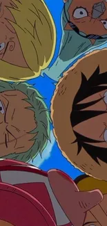 Anime characters looking up in a vibrant group scene.