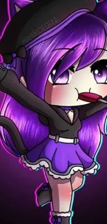 Anime chibi character with purple hair and vibrant design.