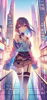 Anime character in a neon-lit futuristic cityscape.