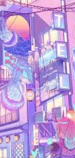 Anime cityscape with neon lights in a futuristic, vibrant design.