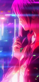 Anime character with neon cityscape background in vibrant colors.