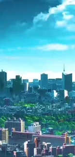 Anime cityscape with skyscrapers and trees against a blue sky.