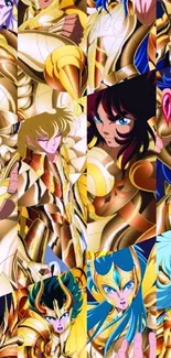 Anime collage wallpaper with golden armored characters in a vibrant design.