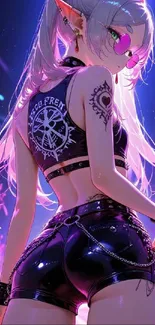 Anime character with tattoos in a vibrant concert scene.