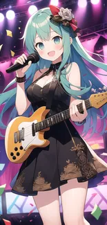 Anime character with guitar on a vibrant stage.