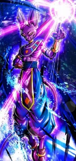 Vibrant anime warrior with cosmic energy in purple and blue tones.