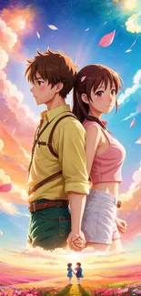 Anime couple facing away in vibrant landscape.