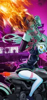 Anime character on a motorcycle with neon city backdrop.