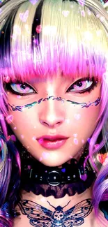 Vibrant anime cyberpunk character with colorful hair and striking features.