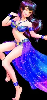 Anime character in a colorful, flowing cosmic skirt dancing energetically.