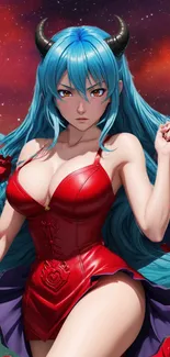 Anime character with blue hair and red roses in a vibrant setting.