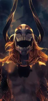 Anime demon with fiery hair and dark background.