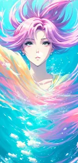 Anime character with flowing pink hair surrounded by vibrant colors in digital art.