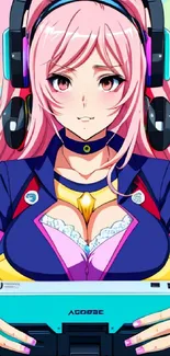 Anime DJ girl with pink hair and headphones in vibrant colors.