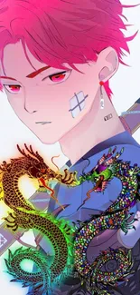 Anime character with vibrant dragon art design.