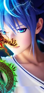 Anime character with blue hair and colorful dragon in vibrant style.