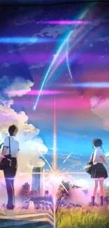 Anime wallpaper with vibrant sky and characters.