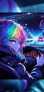 Anime girl driving at night with neon lights and rainbow hair.