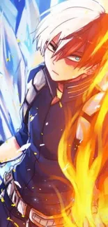 Anime character with fiery and icy elements in dynamic wallpaper.