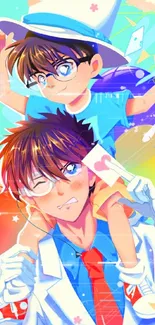 Colorful anime duo with vibrant hues in playful pose.