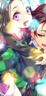 Anime duo with vibrant colors and dynamic lighting in a cheerful scene.