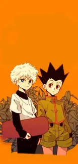 Vibrant anime duo with orange backdrop on mobile wallpaper.