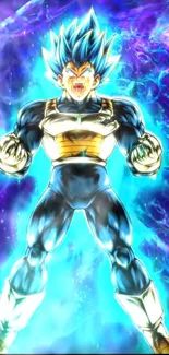 Anime character with a glowing blue aura and dynamic stance.