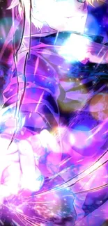 Anime character with vibrant energy and violet hues, dynamic mobile wallpaper.