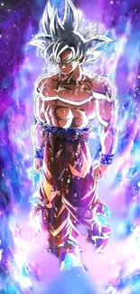 Anime character with vibrant purple energy aura in cosmic background.