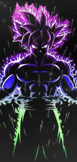 Dynamic anime character with vibrant energy aura in purples and greens on dark background.