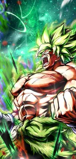 Anime character with vibrant energy in green-themed mobile wallpaper.