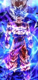 Anime character with vibrant energy aura and electric blue background.